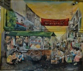 Wall Mural of Singapore Hawker Heritage by Biddy Low inside first floor of Chinatown Complex.