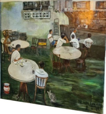 位于芳林大厦熟食中心(Hong Lim Food Centre) 外的 Belinda Low  创作时光倒流 - 老式咖啡店 (A Walk Back in Time - Oldstyle Coffeeshop)壁画。