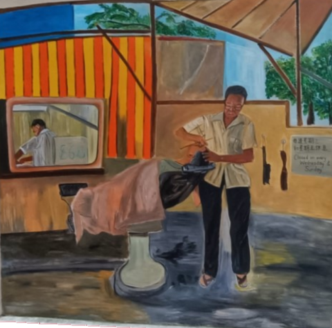 The Barber of Aliwal Street mural by Belinda Low in 2024 at Blk 531 Hong Lim Complex.
