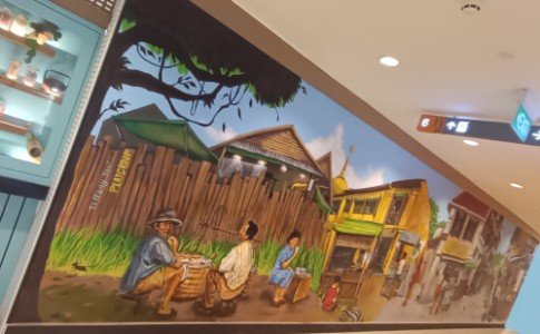 位于 Plaza Singapura 狮城大厦 (68 Orchard Rd.) 6 楼 06-15/20 单元 Kopitiam 侧面的壁画，由 Tiffany Yao 创作。