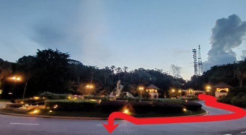  步行去海豚喷泉后面的圣淘沙湾村巴士站。