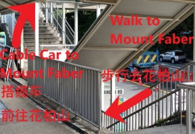 Walk out of the Food Centre. Go up the stairs on your right for the cable car to Mount Faber. Go down the stairs on your right to walk to Mount Faber.