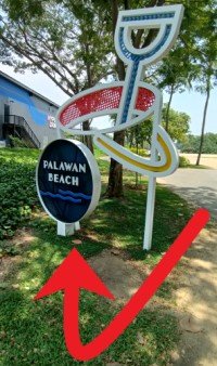 沿着人行道走出森林区域并朝巴拉望海滩标志走去。