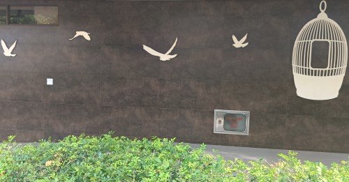 位于情旧酒店的未知艺术家的鸟笼和鸟类壁画。