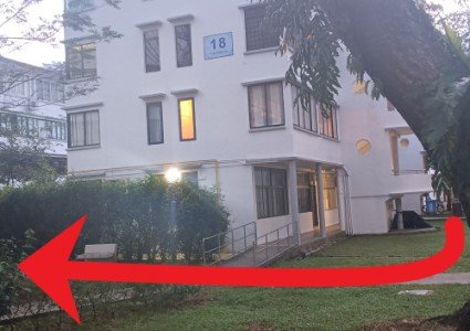 当您看到左侧有大牌 1,而 中峇鲁路对面有大牌 18 时,请右转,穿过中峇鲁路的另一侧,然后沿着大牌 18 在您的右侧行走。